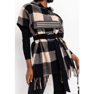 Plaid Hoodie Poncho with Belt
